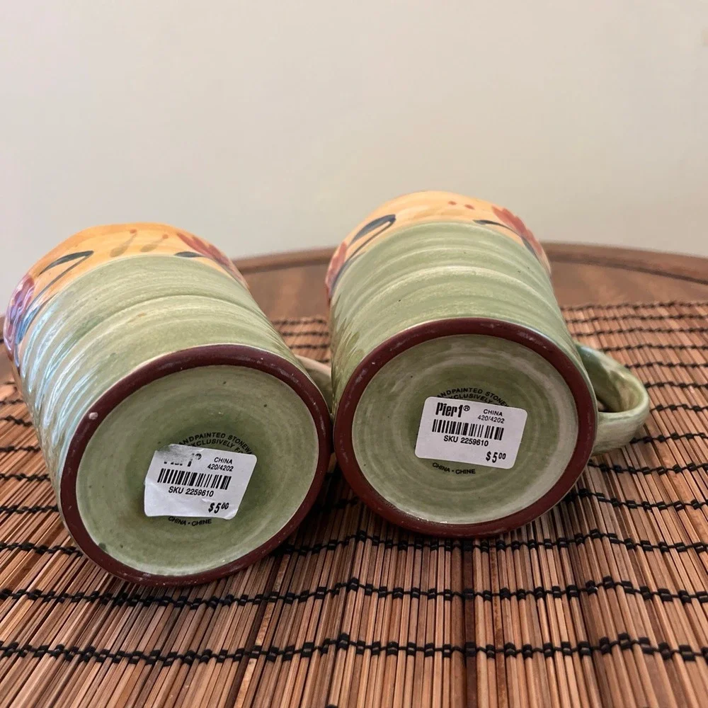 Two Pier 1 ELIZABETH Hand Painted Stoneware Coffee Mugs Green Swirl Flowers 16oz